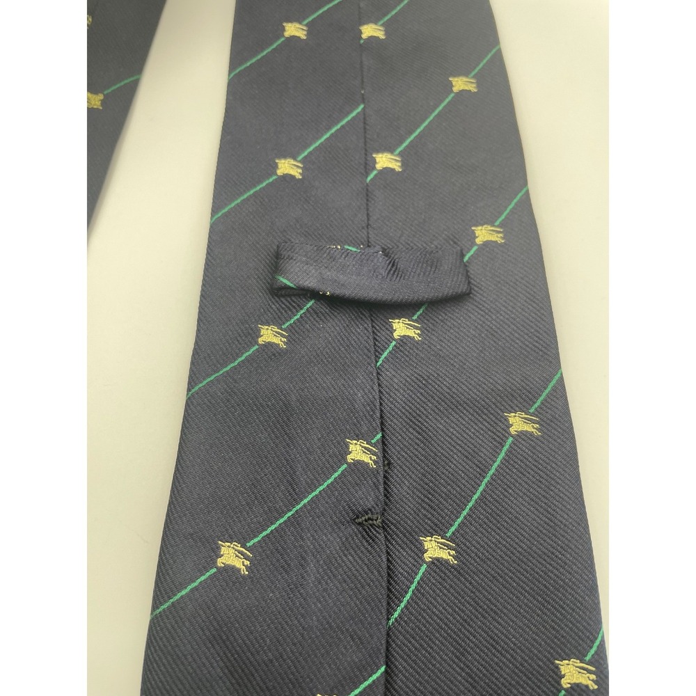 Burberrys of London Vintage Silk Tie Navy Blue Green Stripe Gold Crest England - Picture 3 of 5